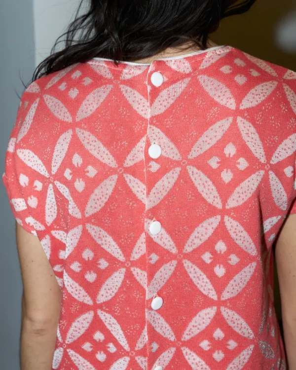 Erotokritos Knitwear | Tops & Shirts*Eos-Flower Jacquard KnitTop with Button Down Back-Coral/White