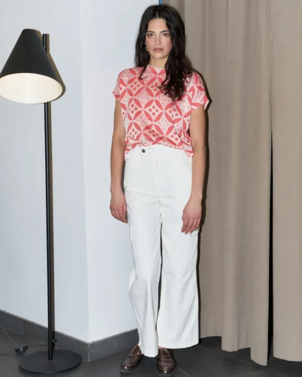 Erotokritos Knitwear | Tops & Shirts*Eos-Flower Jacquard KnitTop with Button Down Back-Coral/White