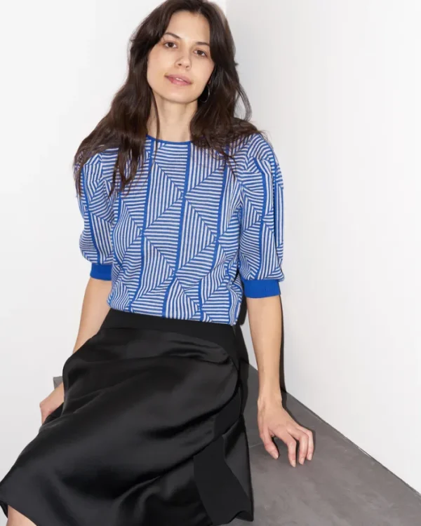 Erotokritos Tops & Shirts | Knitwear*Loreza - Puff Sleeve Geometric Jacquard Sweater - Blue/Ecru