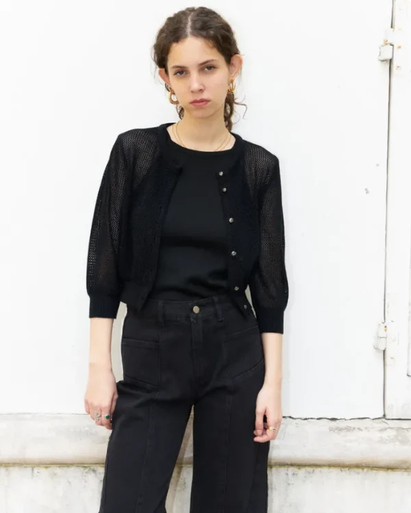 Erotokritos Knitwear | Coats & Jackets*Orfea-Mesh Knit Crop Cardigan-Metallic Black