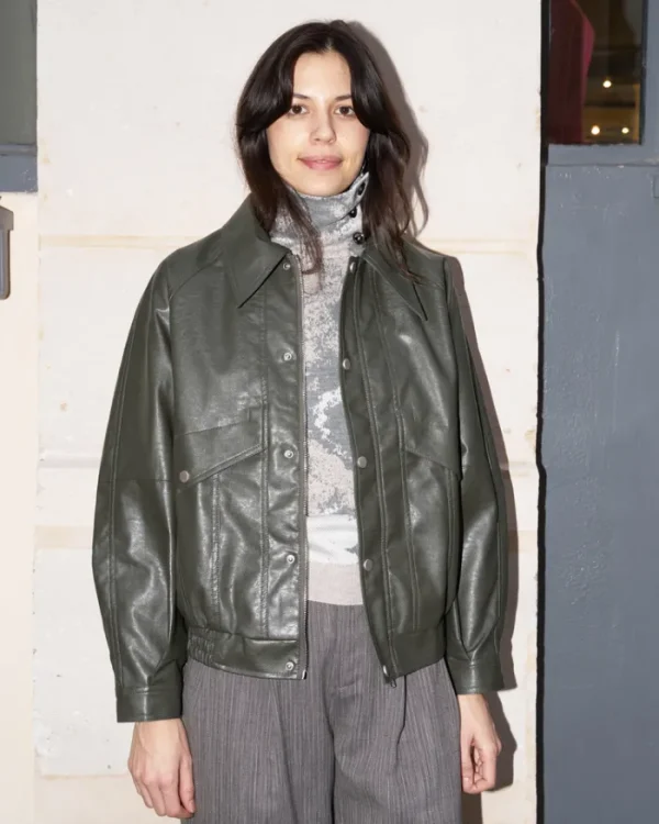 Erotokritos Coats & Jackets*Ramon - Oversized Vegan Leather Retro Jacket - Olive