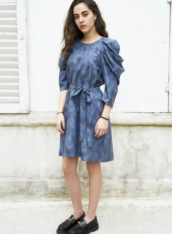 Erotokritos Dresses*Sadie-Pleated Sleeve Short Dress-Grey Blue Abstract Print
