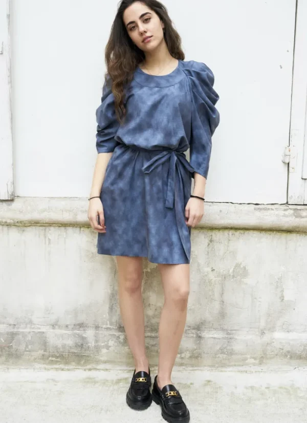 Erotokritos Dresses*Sadie-Pleated Sleeve Short Dress-Grey Blue Abstract Print