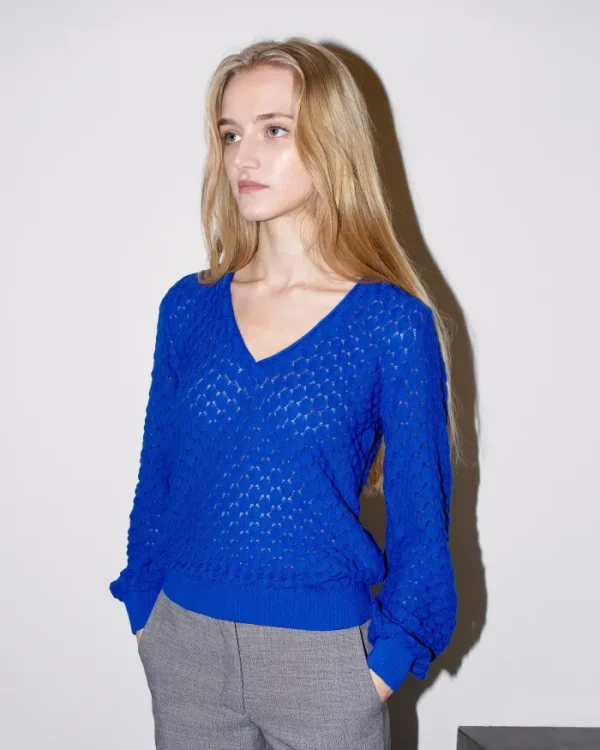 Erotokritos Knitwear | Tops & Shirts*Skippy - Texture Lace Knit light Sweater - Royal Blue