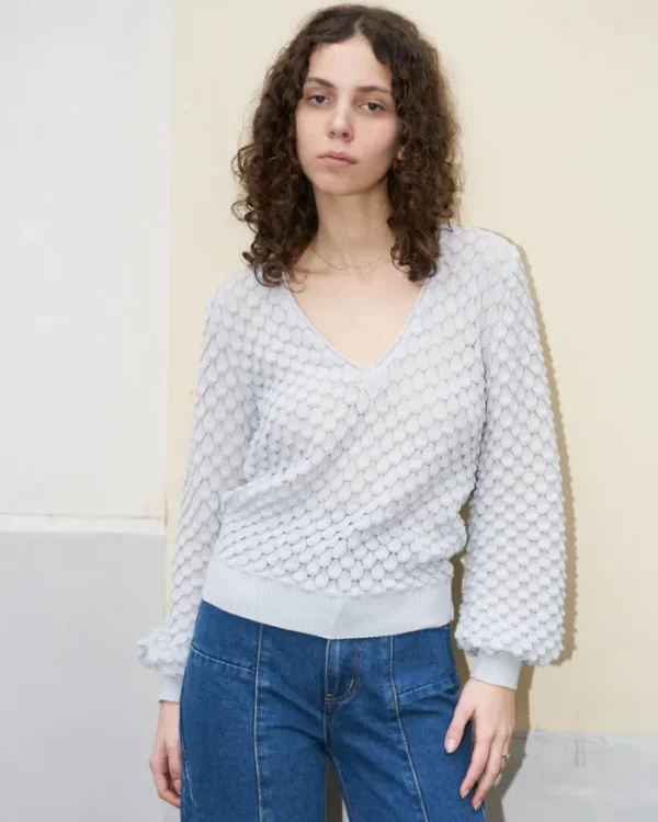 Erotokritos Knitwear | Tops & Shirts*Skippy - Textured Lace Knit V-Neck Light Sweater - Pearl grey